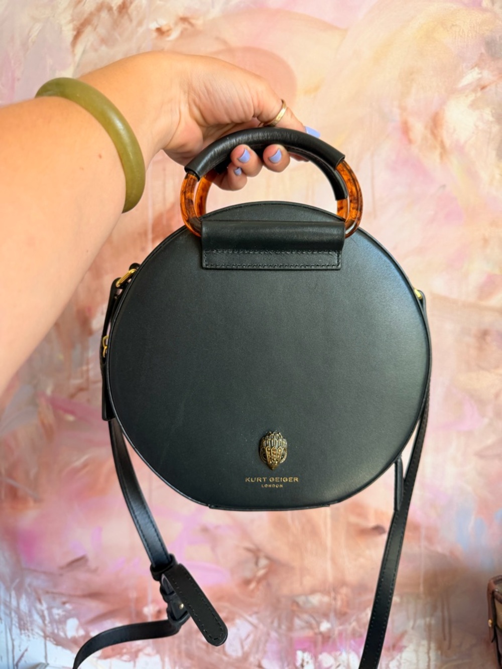 Kurt Geiger Black Round Leather Top-Handle Crossbody with Tortoiseshell Accent